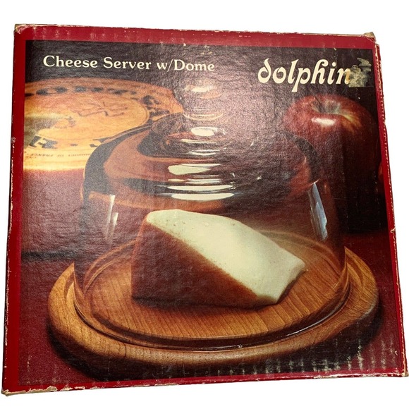 Dolphin Cheese Server with Dome Teakwood Vintage with Box 7.5" Diameter - Picture 2 of 12